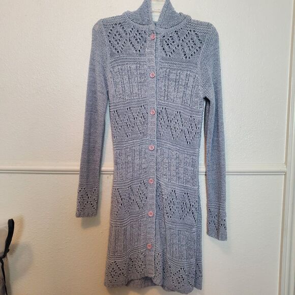 BCBG Maxazria Knit Long Cardigan Sweater Gray Duster Size Medium Button Front - Picture 1 of 13